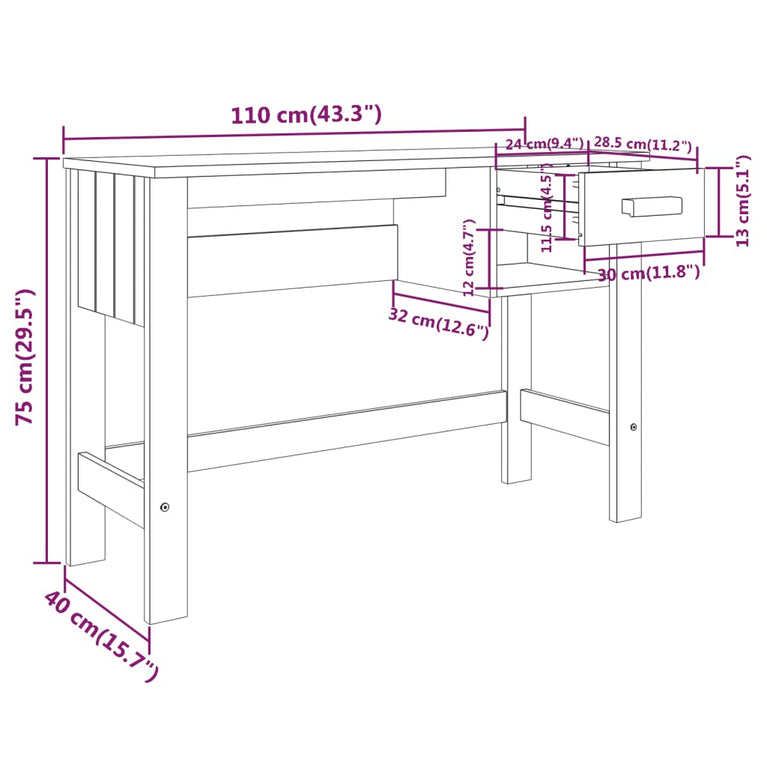 Bureau HAMAR 110x40x75 cm massief grenenhout honingbruin