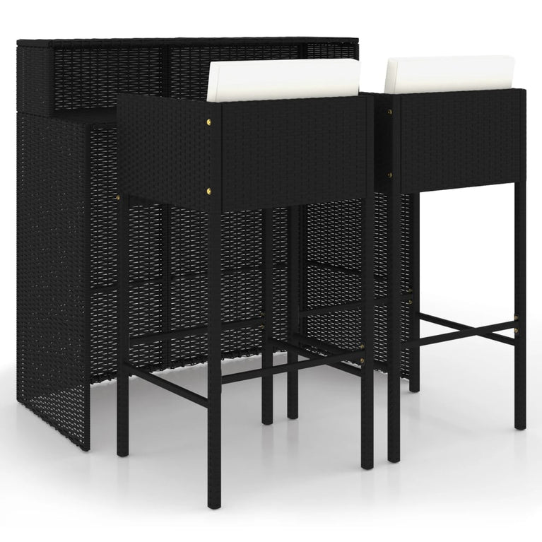 3-delige Tuinbarset met kussens poly rattan zwart