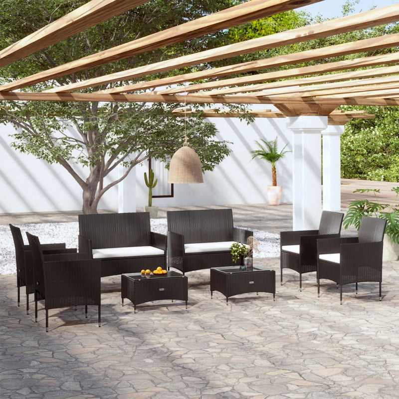 8-delige Loungeset met kussens poly rattan zwart