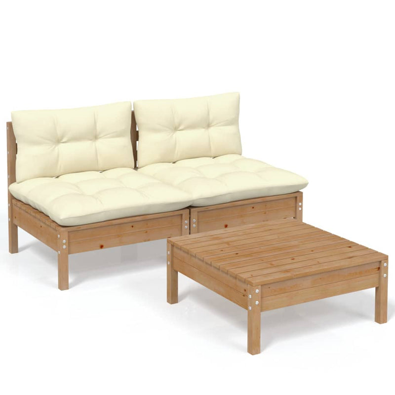 3-delige Loungeset met crèmekleurige kussens grenenhout