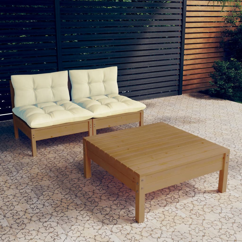 3-delige Loungeset met crèmekleurige kussens grenenhout