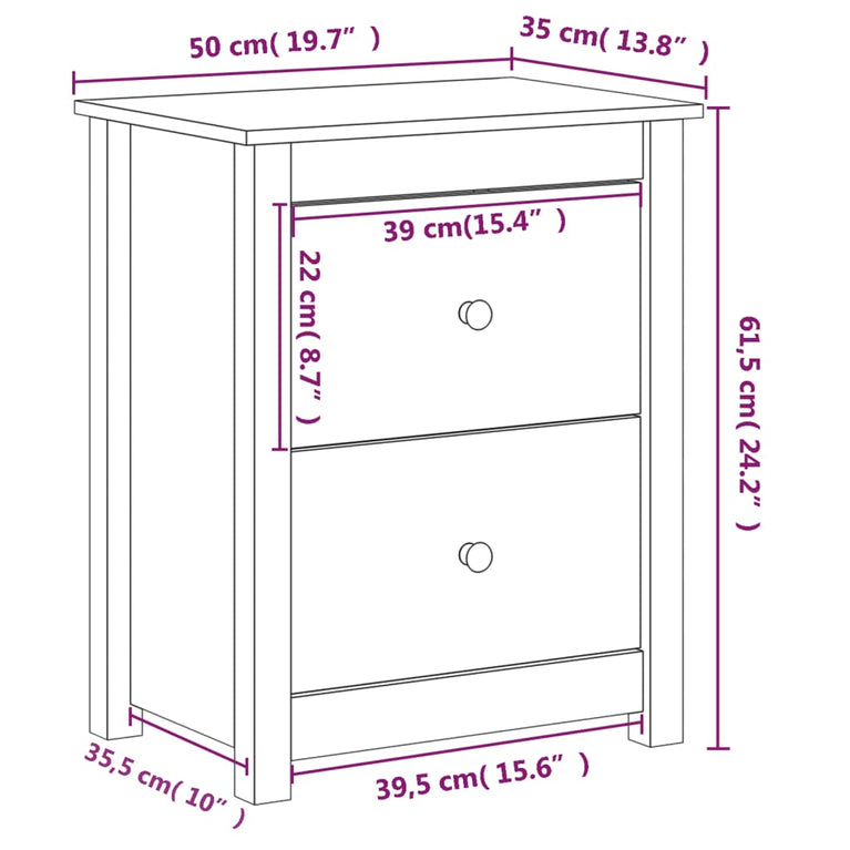 Nachtkastjes 2 st 50x35x61,5 cm massief grenenhout wit