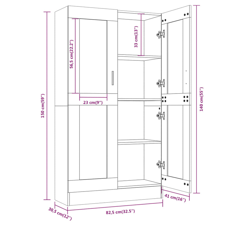 Vitrinekast 82,5x30,5x150 cm bewerkt hout gerookt eikenkleurig