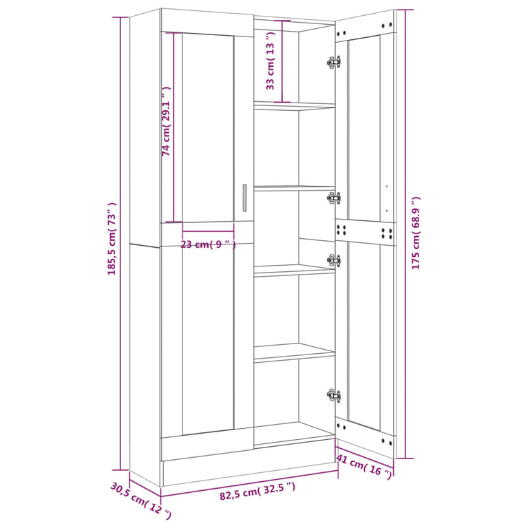 Vitrinekast 82,5x30,5x185,5 cm bewerkt hout gerookt eikenkleur