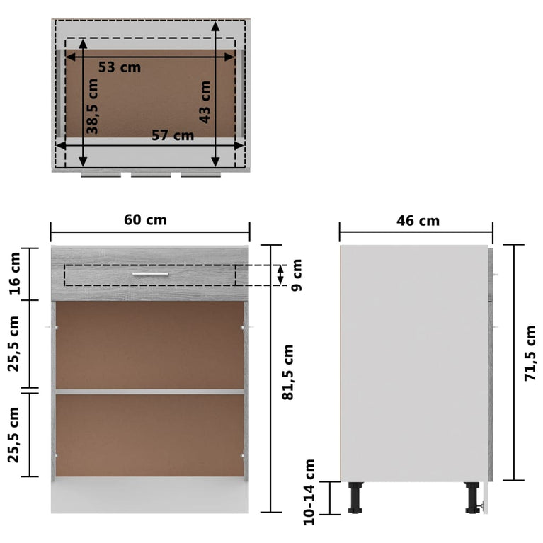 Onderkast met lade 60x46x81,5 cm bewerkt hout grijs sonoma