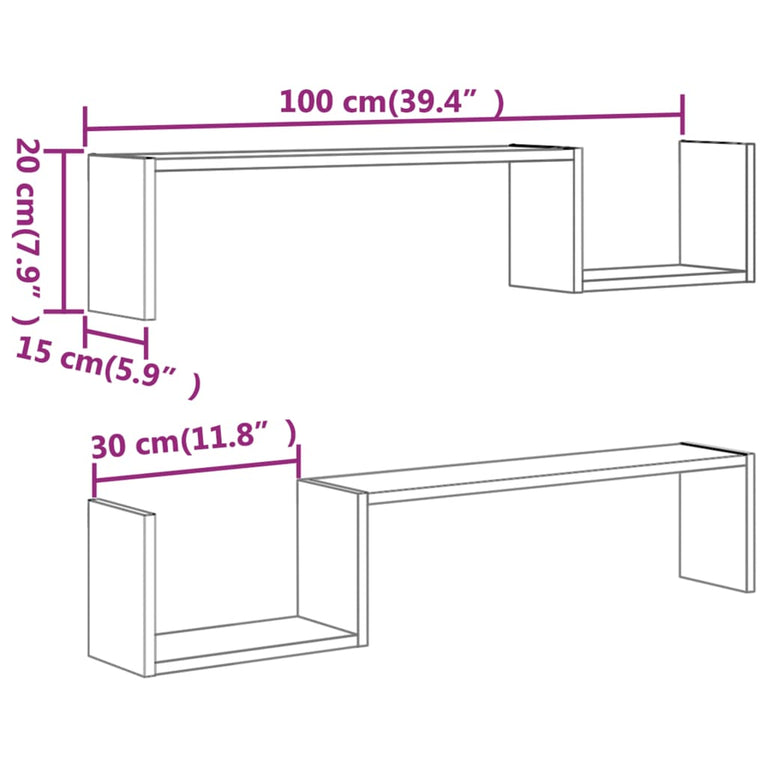 Wandschappen 2 st 100x15x20 cm bewerkt hout gerookt eikenkleur