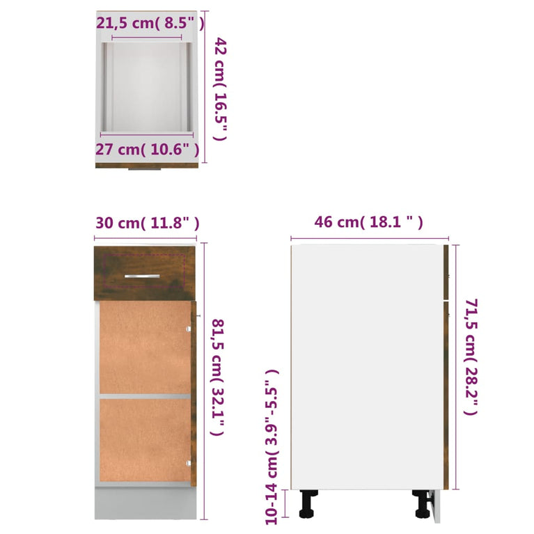 Onderkast met lade 30x46x81,5 cm bewerkt hout gerookt eiken