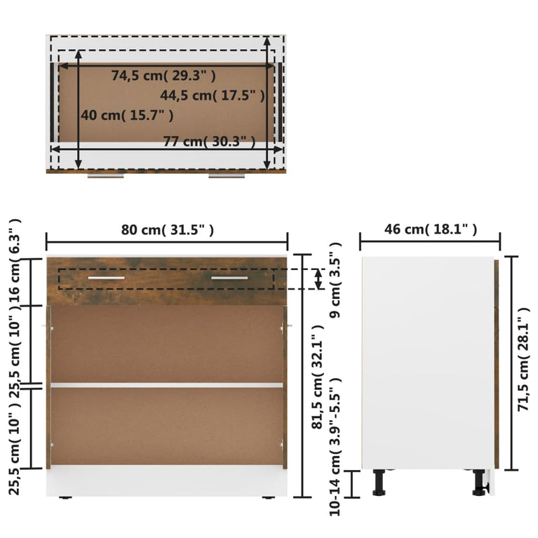 Onderkast met lade 80x46x81,5 cm bewerkt hout gerookt eiken