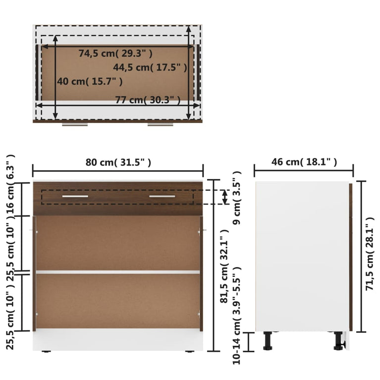 Onderkast met lade 80x46x81,5 cm bewerkt hout bruineikenkleurig