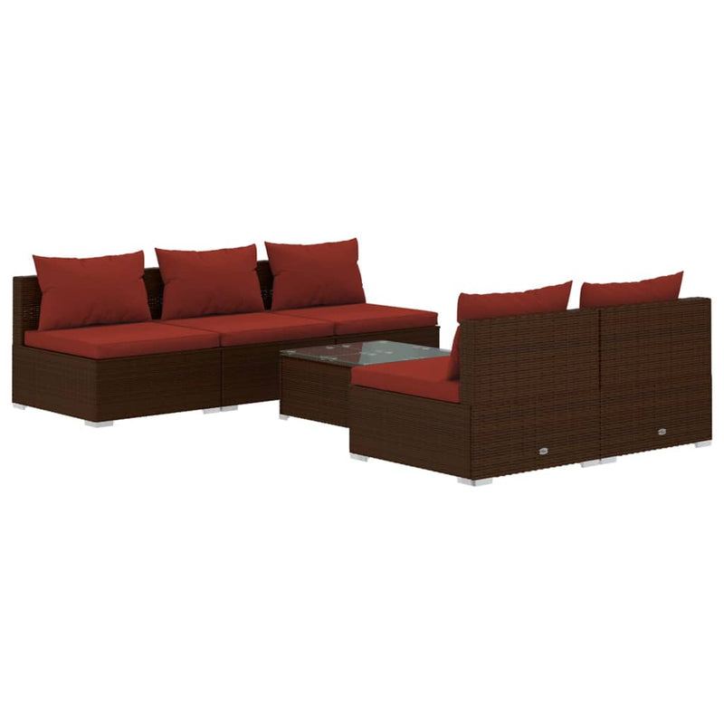 6-delige Loungeset met kussens poly rattan bruin