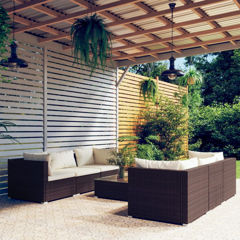 7-delige Loungeset met kussens poly rattan bruin