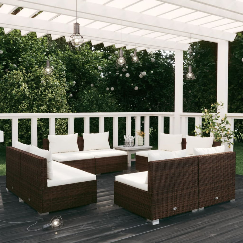 8-delige Loungeset met kussens poly rattan bruin