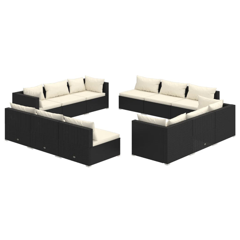 12-delige Loungeset met kussens poly rattan zwart