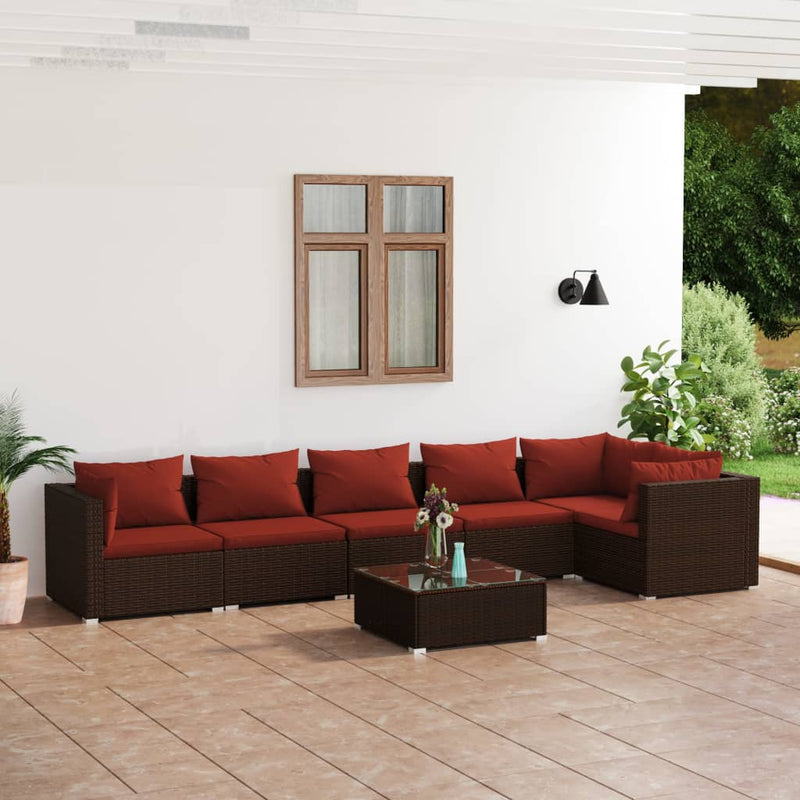 7-delige Loungeset met kussens poly rattan bruin