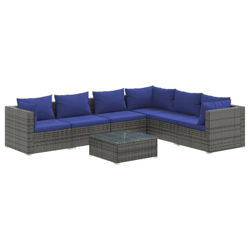 7-delige Loungeset met kussens poly rattan grijs