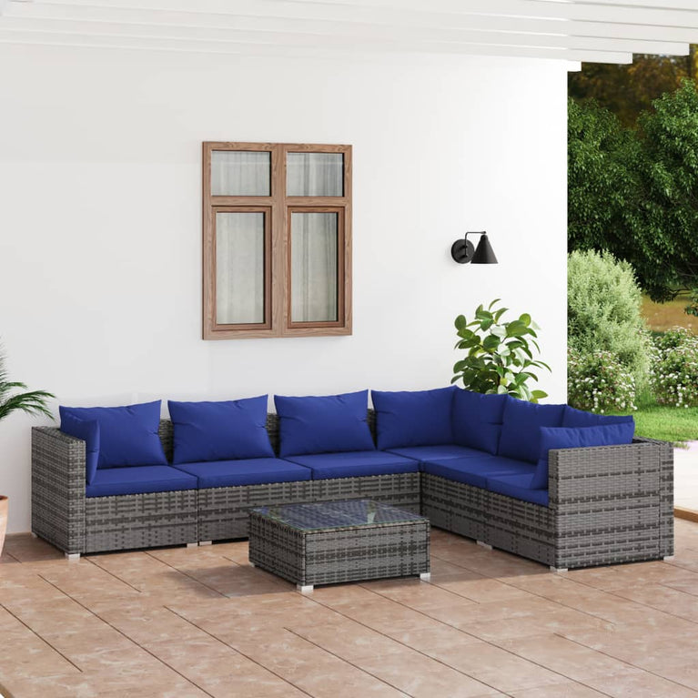 7-delige Loungeset met kussens poly rattan grijs