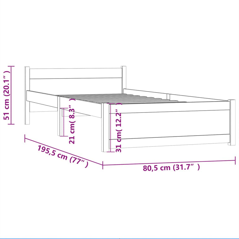 Bedframe massief hout wit 75x190 cm