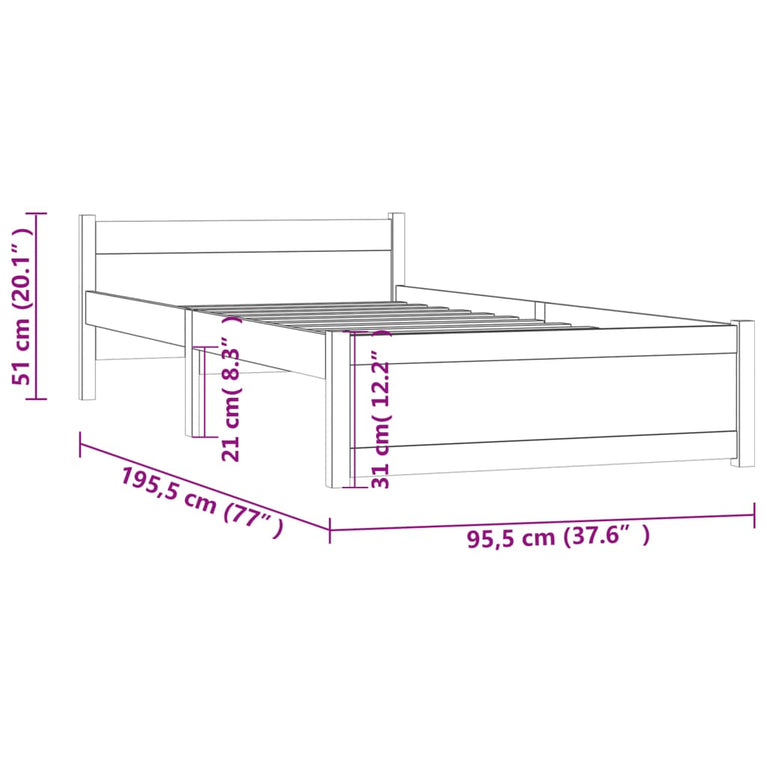 Bedframe massief hout wit 90x190 cm
