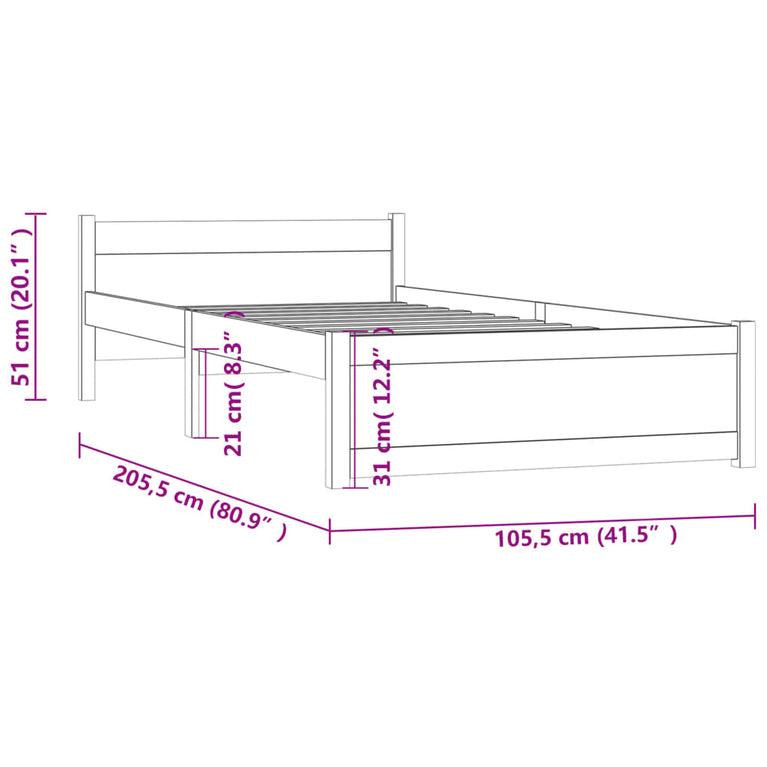 Bedframe massief hout wit 100x200 cm