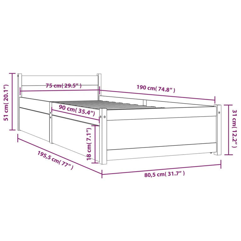 Bedframe met lades wit 75x190 cm