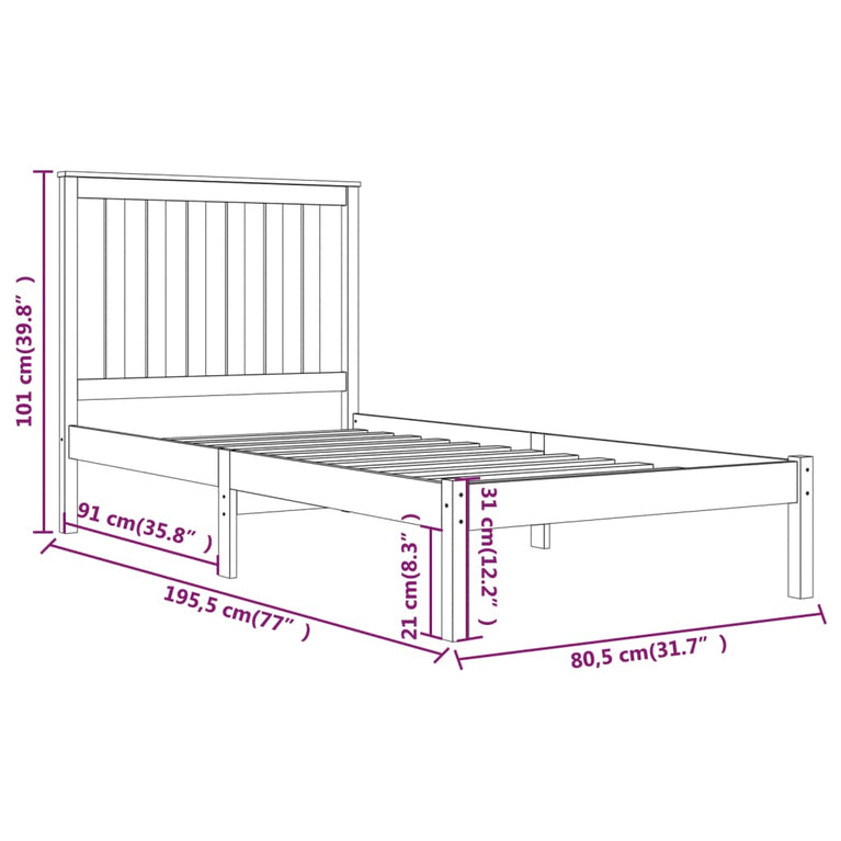 Bedframe massief grenenhout zwart 75x190 cm