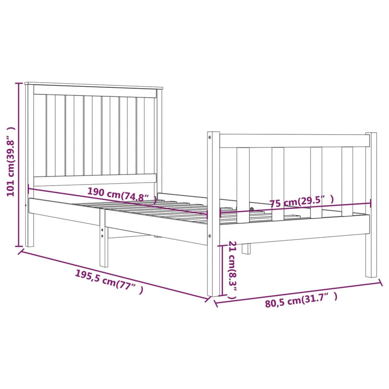 Bedframe massief grenenhout zwart 75x190 cm