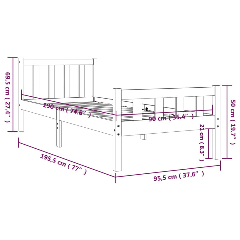 Bedframe massief hout 90x190 cm