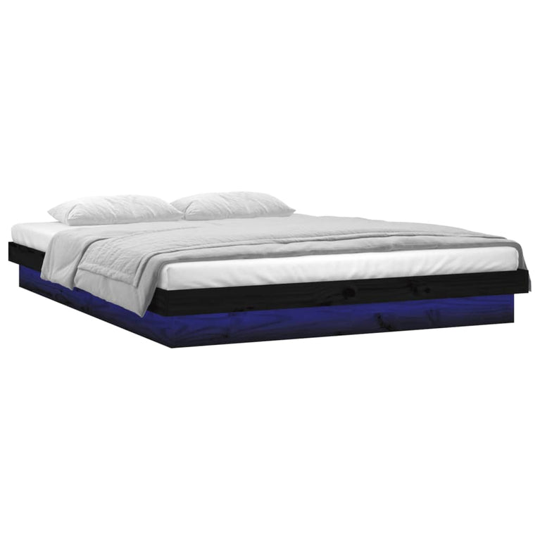 Bedframe LED massief hout zwart 135x190 cm