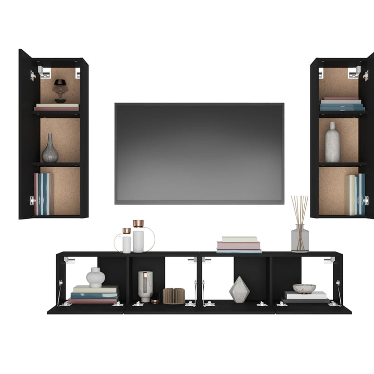 4-delige Tv-meubelset bewerkt hout zwart