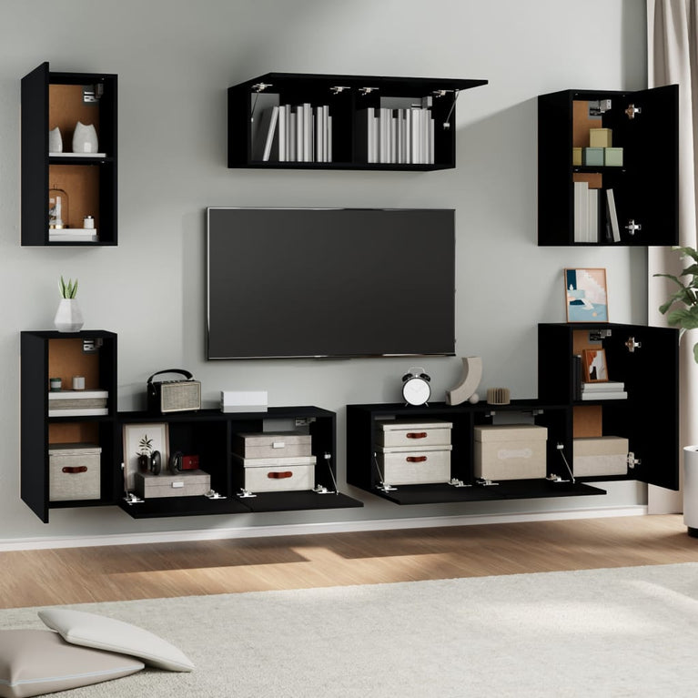 7-delige Tv-meubelset bewerkt hout zwart
