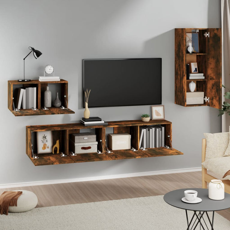 4-delige Tv-meubelset bewerkt hout gerookt eikenkleurig