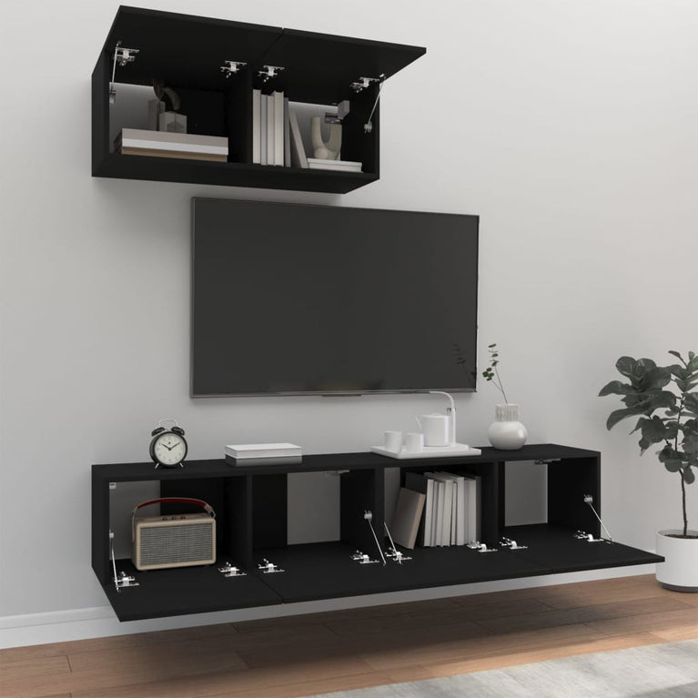 3-delige Tv-meubelset bewerkt hout zwart