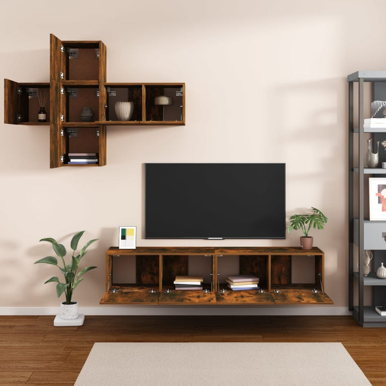 7-delige Tv-meubelset bewerkt hout gerookt eikenkleurig