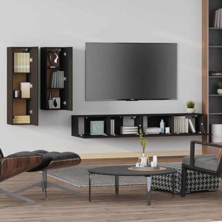 4-delige Tv-meubelset bewerkt hout zwart