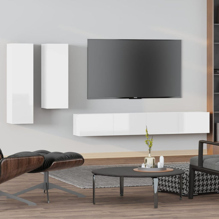 4-delige Tv-meubelset bewerkt hout hoogglans wit