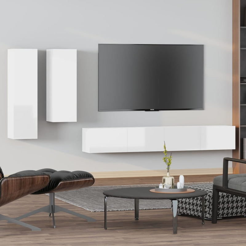 4-delige Tv-meubelset bewerkt hout hoogglans wit