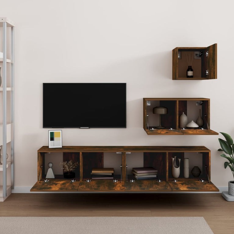4-delige Tv-meubelset bewerkt hout gerookt eikenkleurig