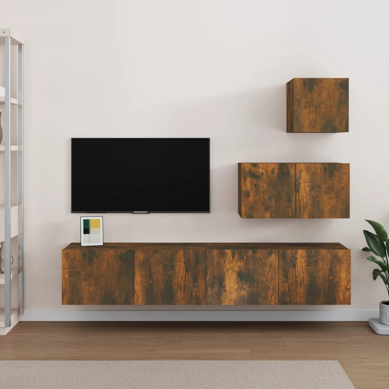 4-delige Tv-meubelset bewerkt hout gerookt eikenkleurig
