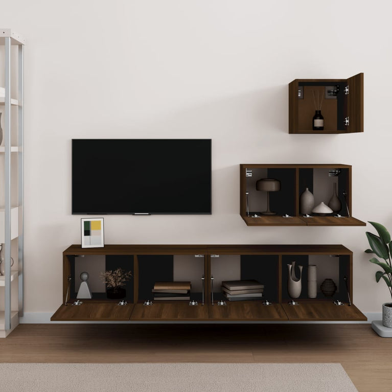 4-delige Tv-meubelset bewerkt hout bruin eikenkleur
