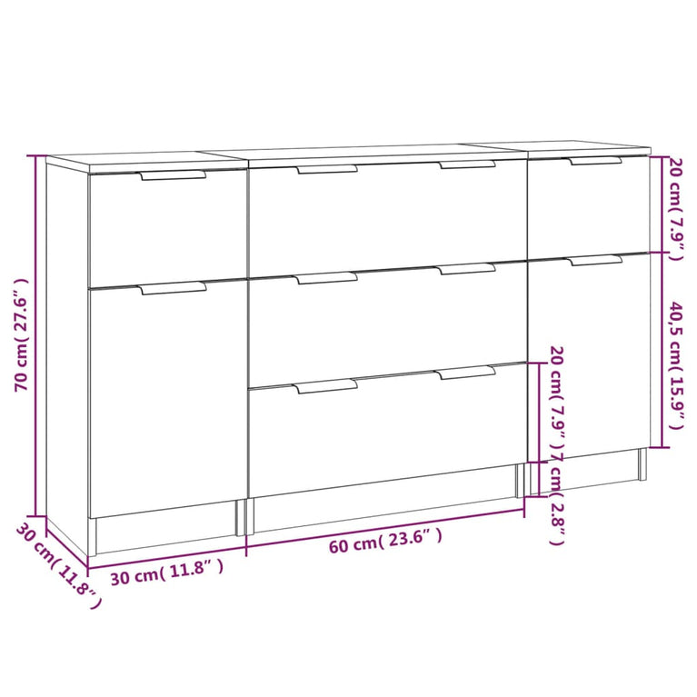 3-delige Dressoirset bewerkt hout wit