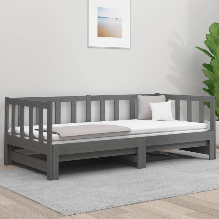 Slaapbank uitschuifbaar 2x(80x200) cm massief grenenhout grijs