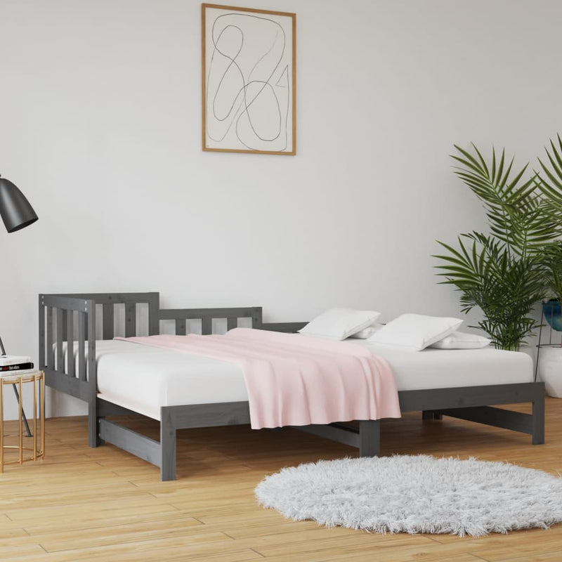 Slaapbank uitschuifbaar massief grenenhout grijs 2x(90x190) cm