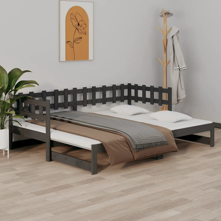 Slaapbank uitschuifbaar massief grenenhout grijs 2x(90x200) cm