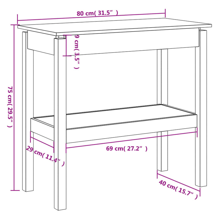 Wandtafel 80x40x75 cm massief grenenhout zwart