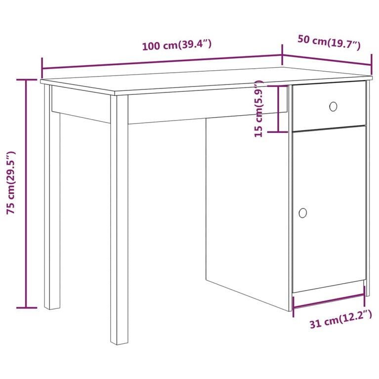 Bureau 100x50x75 cm massief grenenhout wit