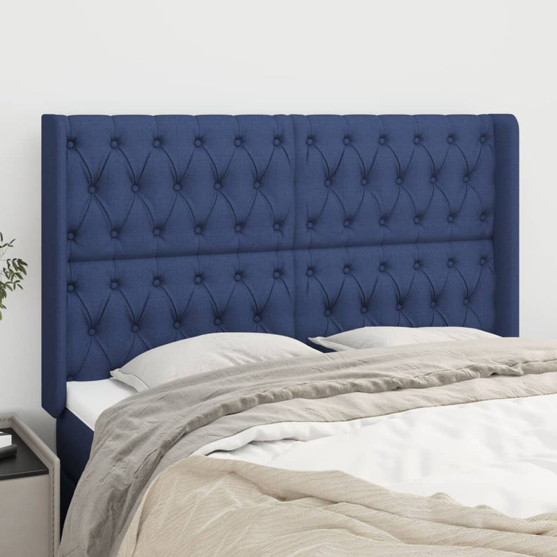 Hoofdbord met randen 147x16x118/128 cm stof blauw