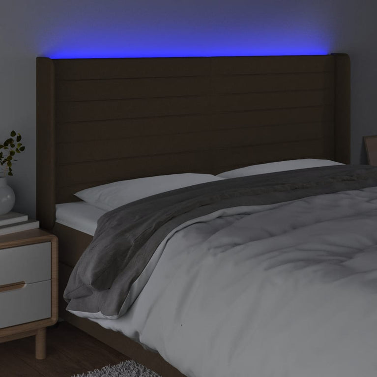 Hoofdbord LED 183x16x118/128 cm stof donkerbruin