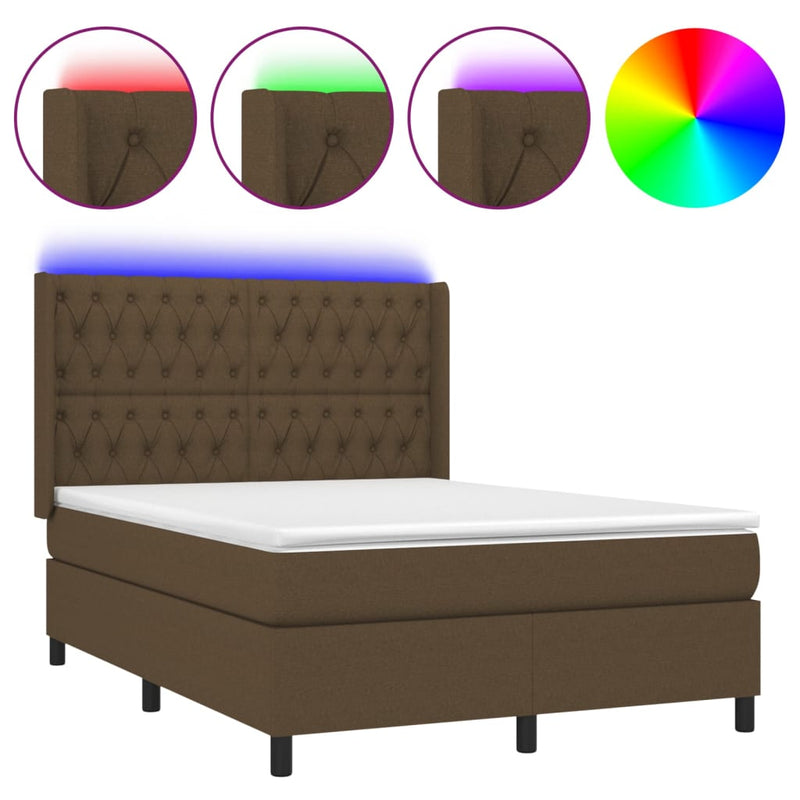 Boxspring met matras en LED stof donkerbruin 140x200 cm