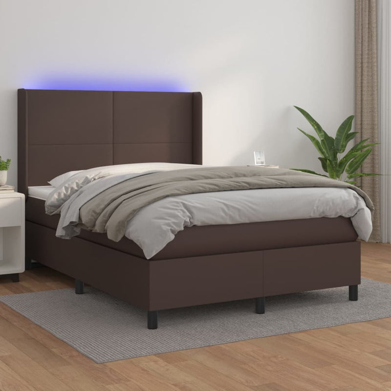 Boxspring met matras en LED kunstleer bruin 140x200 cm