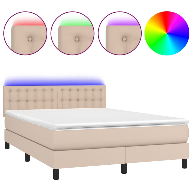 Boxspring met matras en LED kunstleer cappuccinokleur 140x200cm